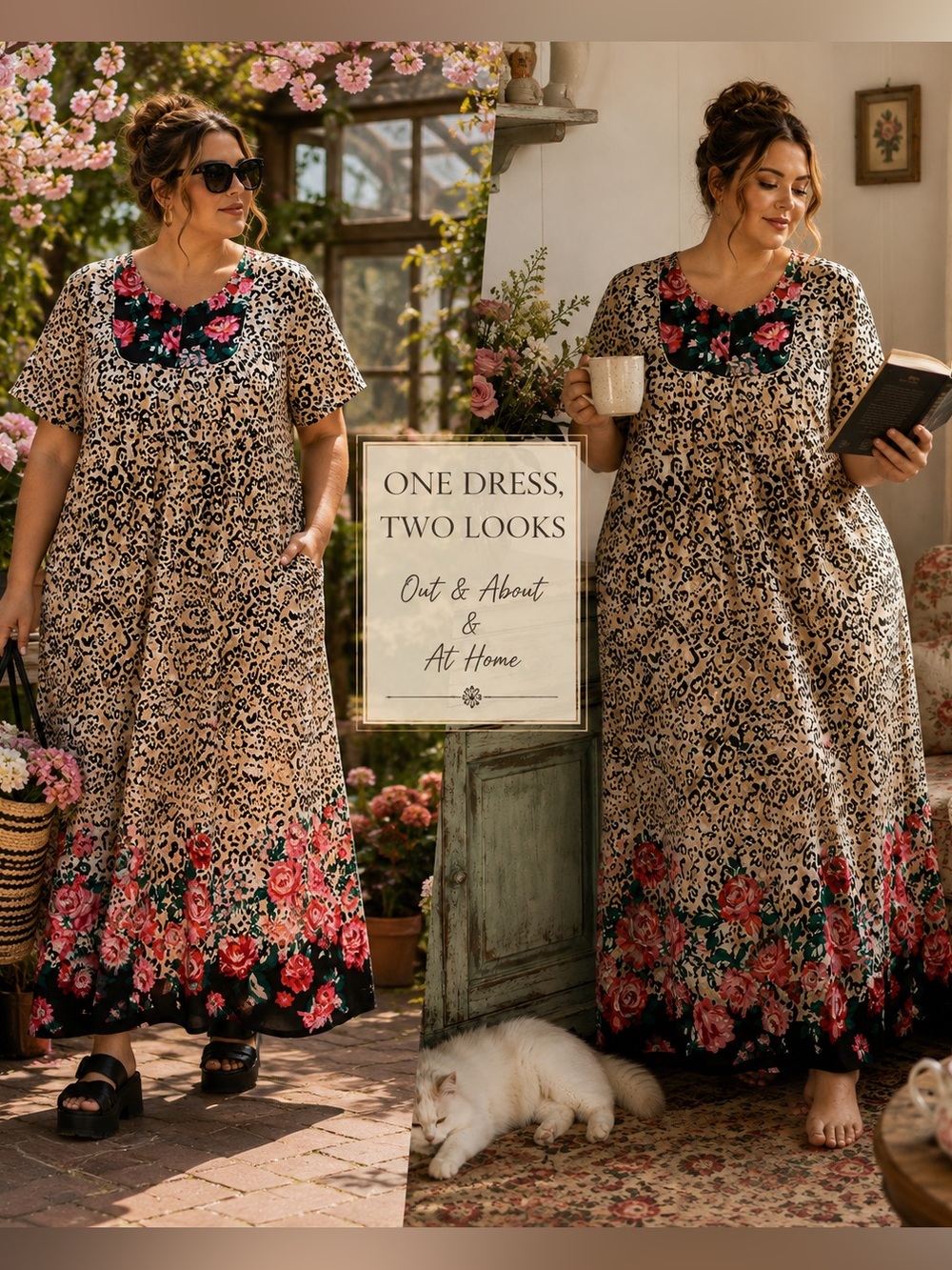 Only Necessities 18/20 Leopard Rose Floral Cotton Maxi Lounger Dress